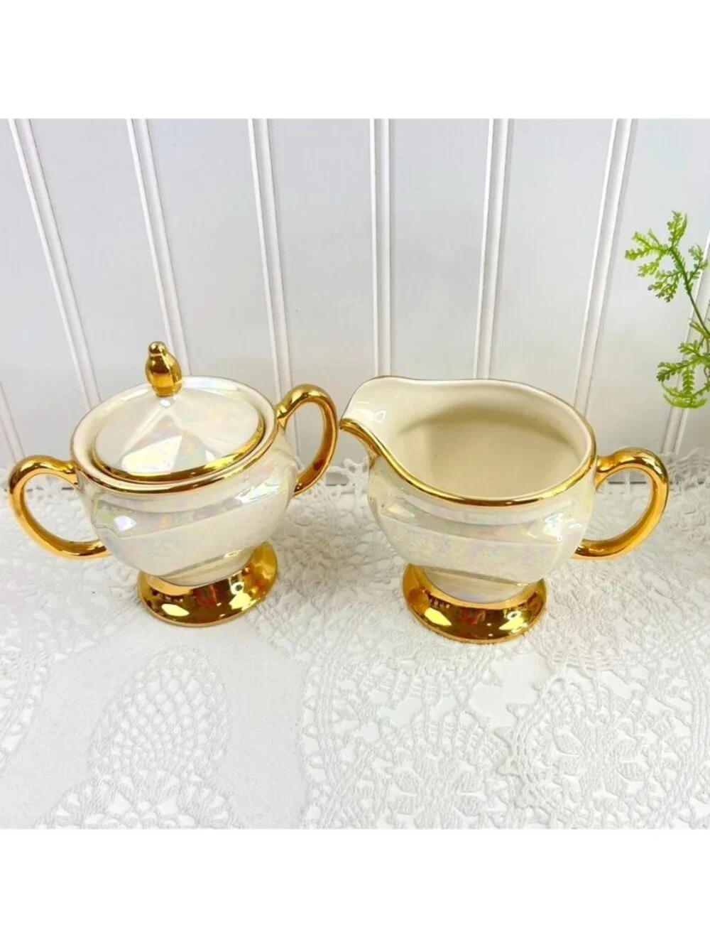 Vintage Cream & Sugar Set Heavy Gold TrimIridescent Pearl MCM